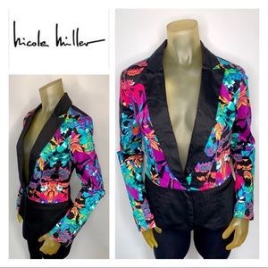 NICOLE MILLER Suit Blazer Jacket Black Floral M